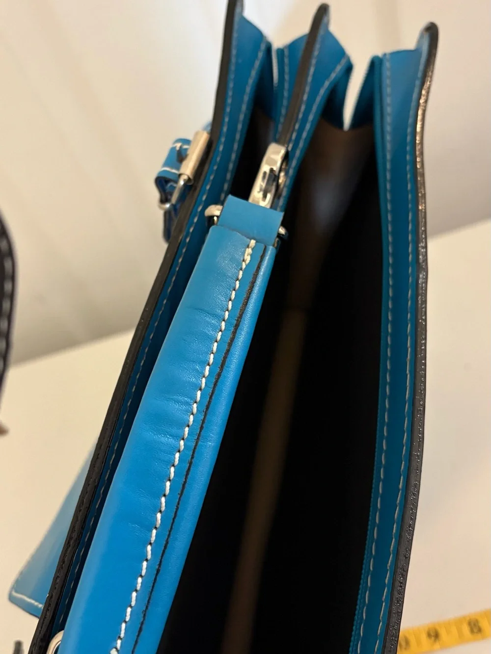 Blue Leather Laptop Bag with Front Pockets
